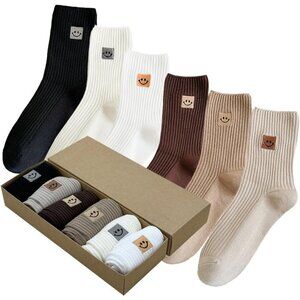 6 Pairs Cute Crew Socks with Smiling Face Embroidery Cotton Socks for Women